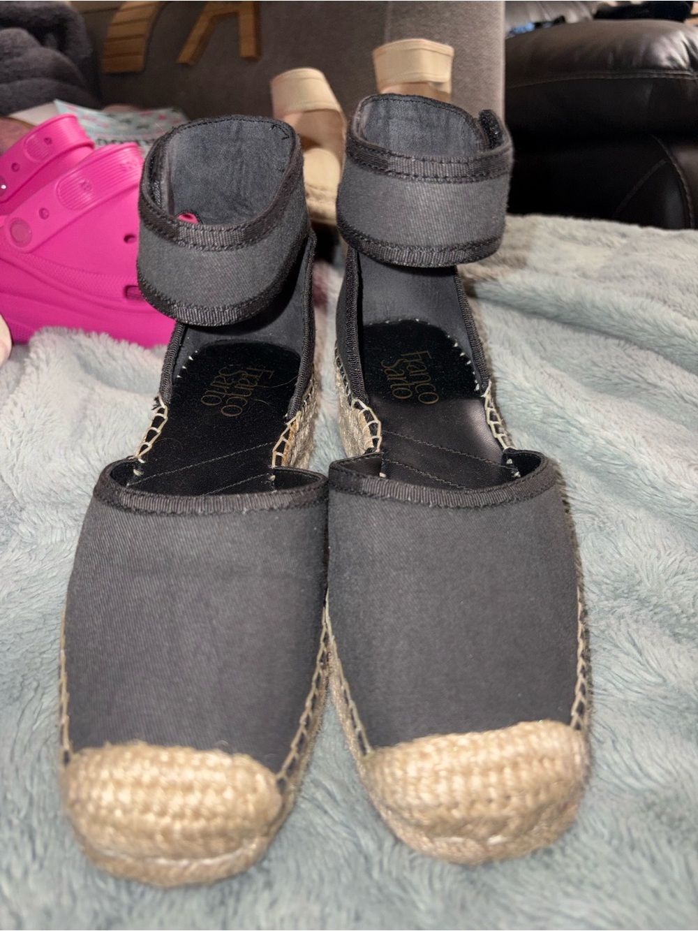 Frye Black Espadrille Ankle-Strap Flats with Natural Jute Toe